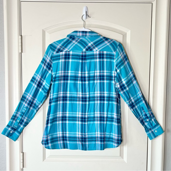 Woolrich Plaid Flannel Shirt Long Sleeve Turquoise, Navy and Pink - Picture 5 of 7